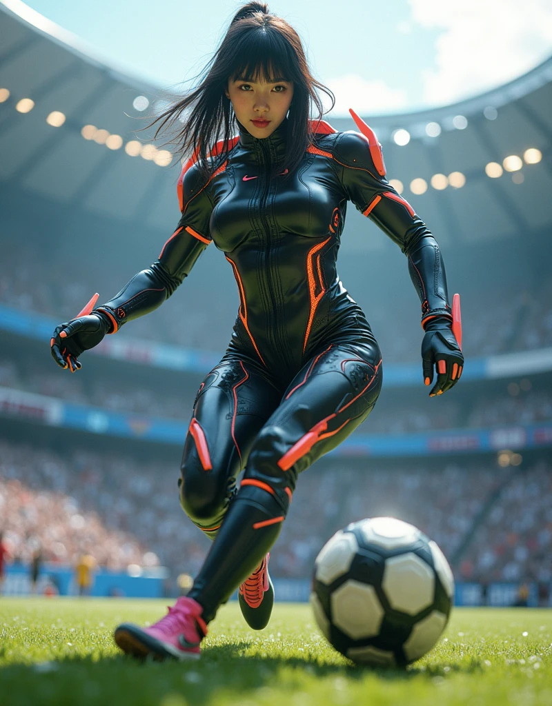 photo-realistic, ultra-realistic, very beautiful Japanese, famous Japanese idol, 20 years old, dramatic scene, masterpiece, beautiful eyes, cyber punk, (wearing cyber punk mecha-suits with neon marker:1.5), (she is playing extremely acrobatic soccer at large stadium:1.5), (fully equipped with futuristic mecha soccer equipment:1.3), amazing view of a lot of spectators, acrobatic pose, dynamic angle, spectacular, Nimble movements, Sharp turns, (very large breasts),