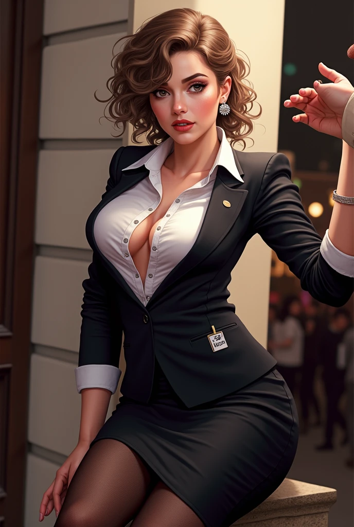/quality (masterpiece,best quality,high resolution,High Quality,Realistic) /hair style (Curly Hair) /Clothes (pencil skirt,job interview suit,Black jacket,torn pantyhose:1.5,earring) /Pose Bend over,sit lean against a wall, legs spread:1.5 (Ahegao,orgasm,steam:1.5,swet:1.5), /Other crowd:1.5,fair skin,foot focus,lean against a wall,men,s hand:1.5,night, Roadside,ID card,
