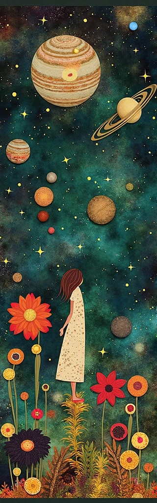 The image depicts a stylized representation of a person standing on the ground, looking up at a night sky filled with various celestial bodies such as planets and stars. The person appears to be surrounded by oversized flowers, suggesting an imaginative or dreamlike scene where the scale of natural elements is altered. The planets are depicted in vibrant colors and detailed textures, contrasting with the dark background of space. This image is interesting due to its blend of realistic astronomical objects with surreal and whimsical elements, creating a sense of wonder and curiosity about the universe.