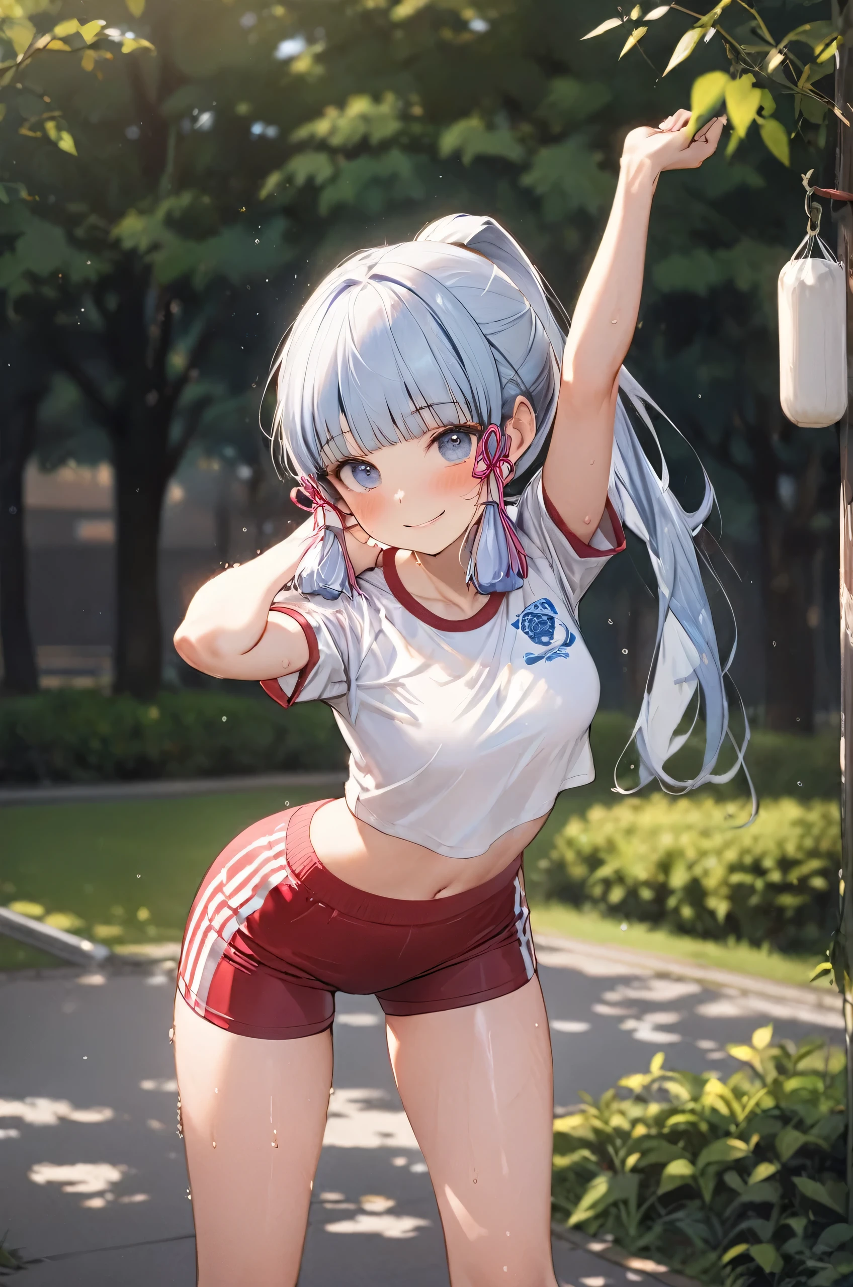 (masterpiece), (best quality), (beautiful eyes and face), (perfect female body), (shiny skin),
looking at viewer,
1girl, solo, kamisato ayaka, long hair, light blue hair, bangs, ponytail, hair ornament, blue eyes,
small breasts, sweat,
gym uniform, short sleeves, red buruma,
smile, blush, looking at viewer, shy face, arm up, work out,
standing,
outdoors, school, sports ground,