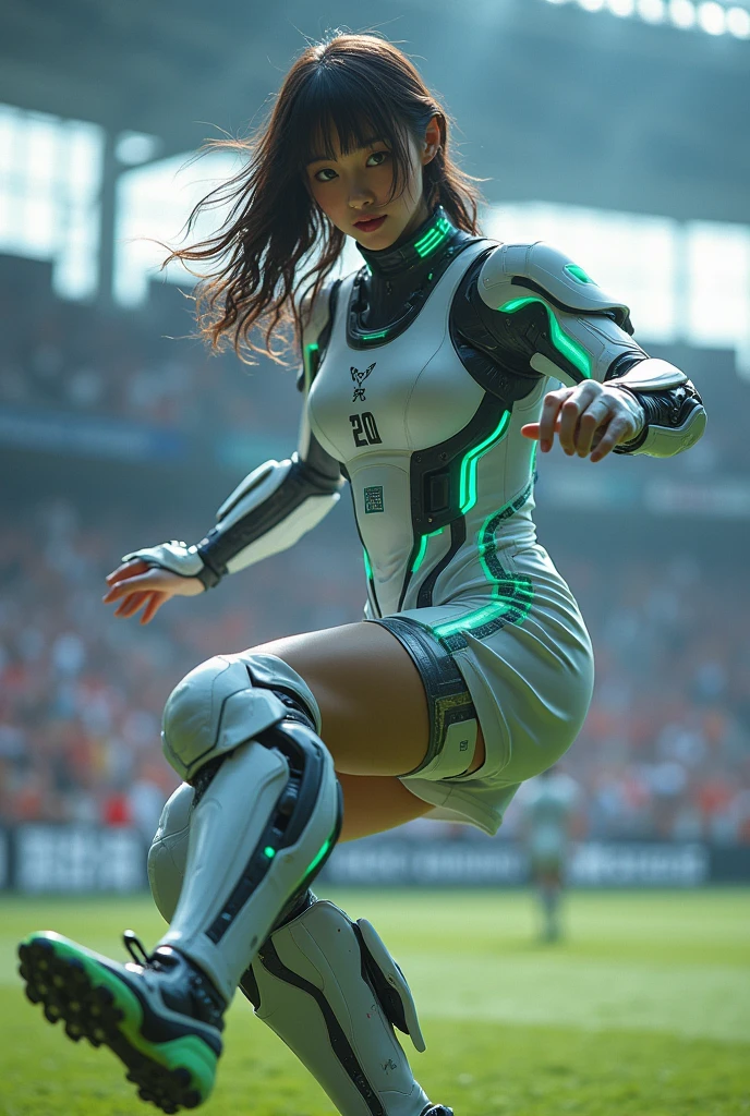 photo-realistic, ultra-realistic, very beautiful Japanese, famous Japanese idol, 20 years old, dramatic scene, masterpiece, beautiful eyes, cyber punk, (wearing cyber punk mecha-suits with neon marker:1.5), (she is playing extremely acrobatic soccer at large stadium:1.5), (fully equipped with futuristic mecha soccer equipment:1.3), amazing view of a lot of spectators, acrobatic pose, dynamic angle, spectacular, Nimble movements, Sharp turns, (very large breasts),