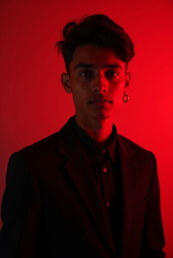17 year old indian boy With white skin Wearing 
 and narrow body Posing for a linkedin picture in asthetic black cloth red light in background 
