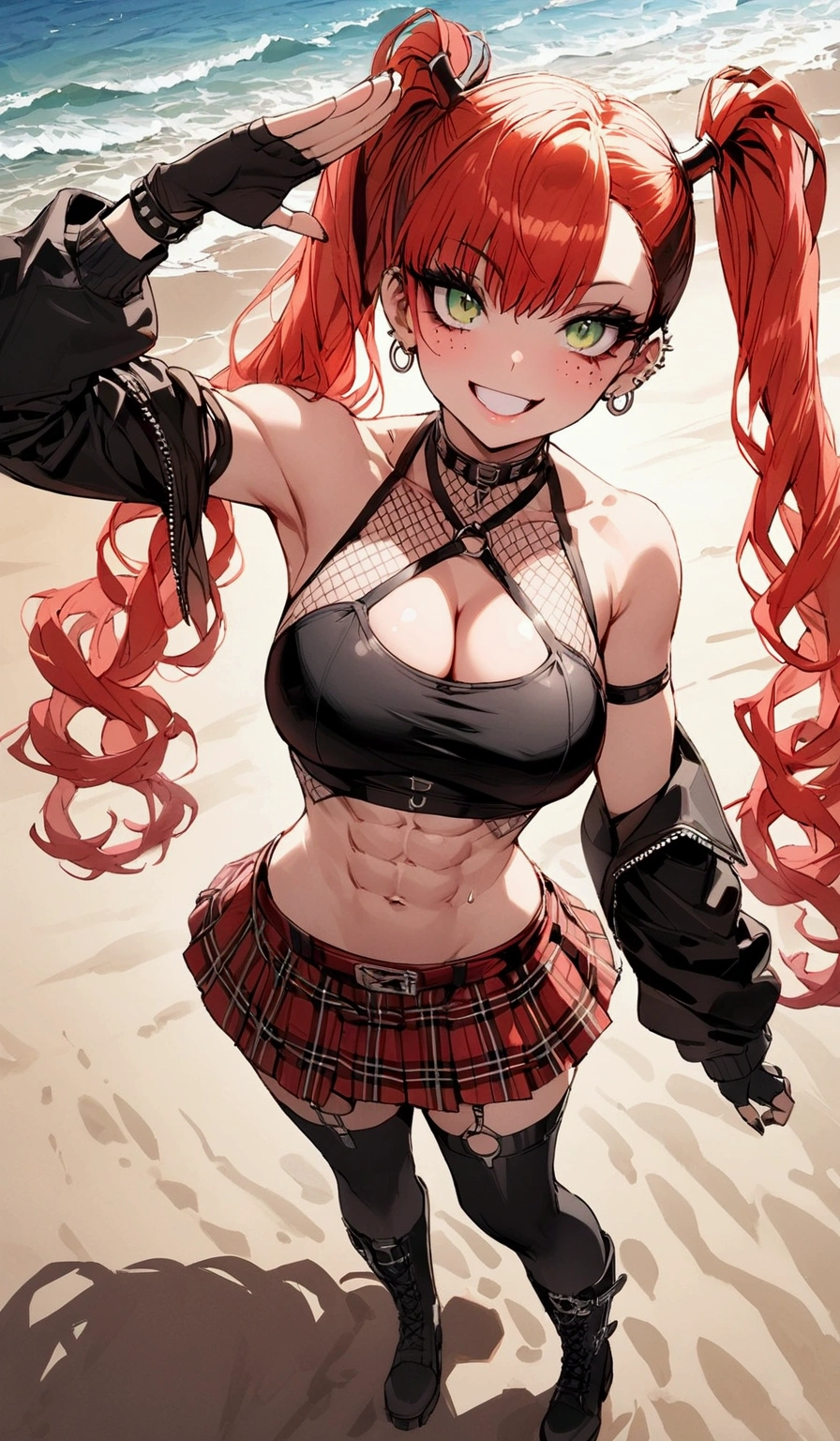 woman, grin, curly red hair in pig tails, green eyes, black eyeshadow, wearing crop top black shirt, black jacket, red plaid skirt, black knee high boots, black fingerless gloves, exposed shoulders, large breasts, freckles, abs, cleavage, looking up at viewer, masterpiece, best quality, Holo-Punk Style, saluting, at the beach, make up, eyelashes, fish net undershirt, fish net stockings, (full body)