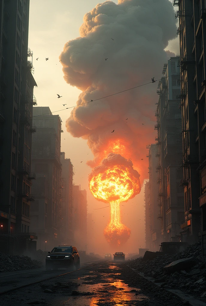 realistic photo, produce an image of a city full of destroyed buildings, a large explosion is seen in one of the buildings, dark atmosphere, cinematic