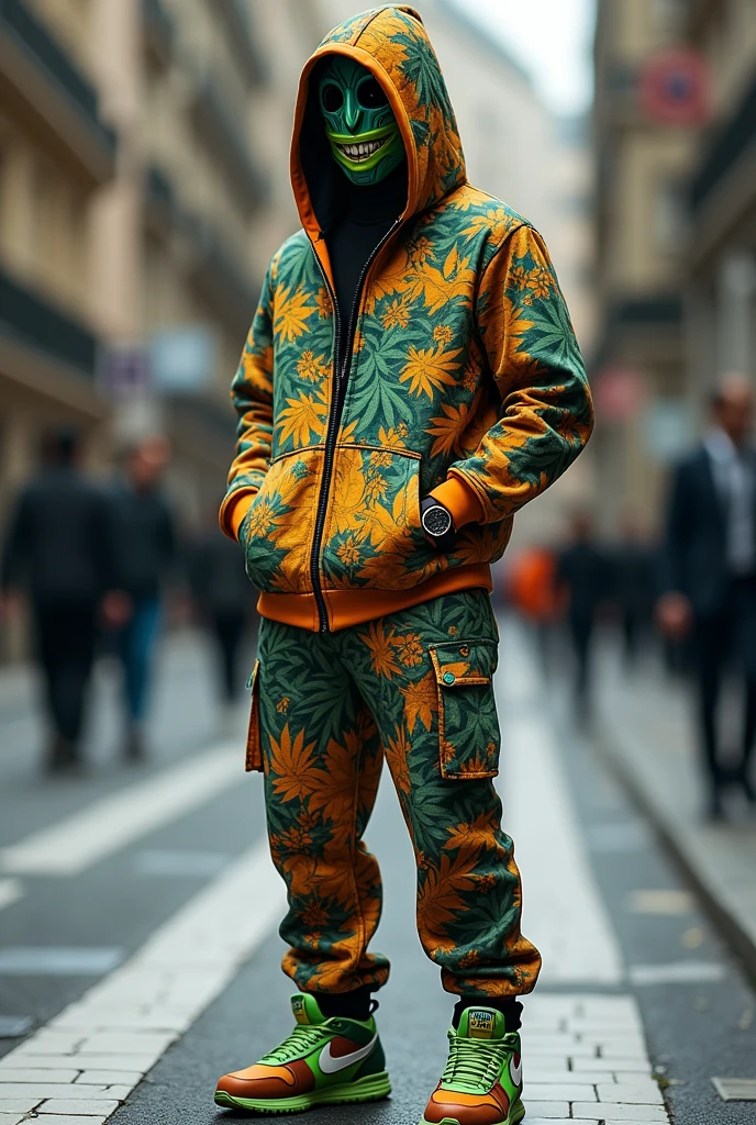 design a 3D luxury hoodie that when you  zip it all the way up its a skimask. The design of the mask when the hoodie is zipped up is a colorful exotic indica strain.The hoodie has inside pockets for hiding things. Thus should be vibrant stoner colors. Design matching pants and shoes to go with the hoodie. design a matching watch. This should be a luxury outfit, expensive cannabis taste