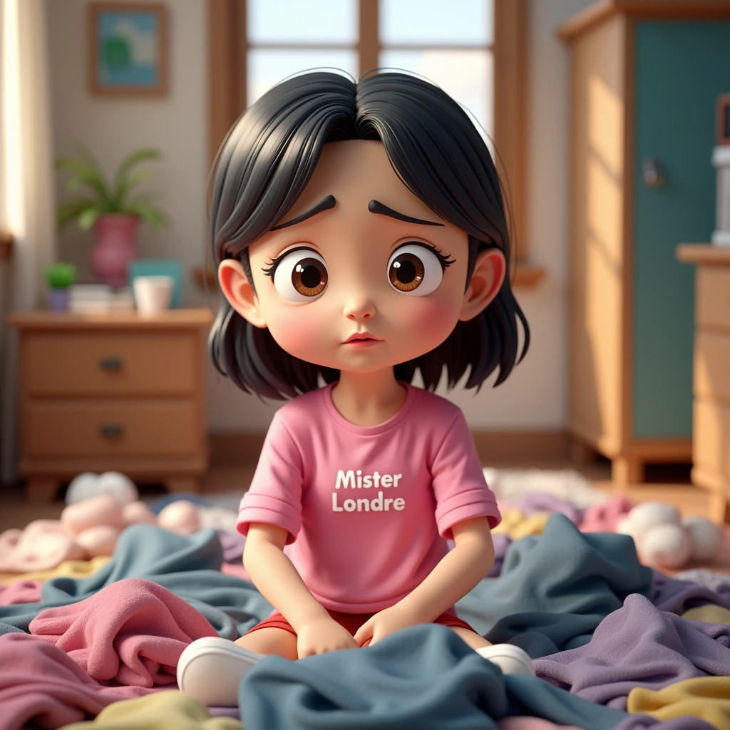 3D cartoon, HD, a Chinese woman as a student , wearing a pink shirt with text logo MISTER LONDRE no image just text , background bedroom , was in the middle of a pile of dirty clothes with an annoyed and tired face