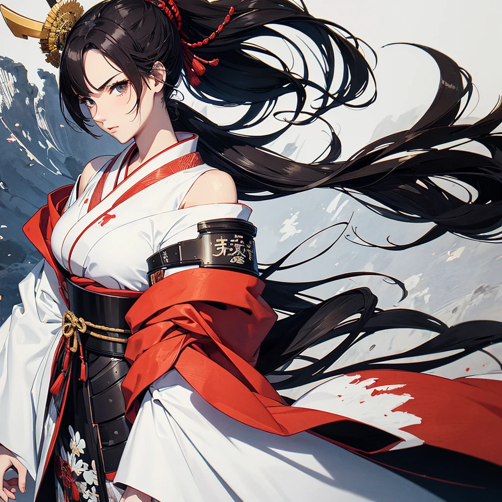 Best sketch,Japanese style,Retro,woman 1,Samurai armor on both arms,White off-shoulder kimono,A young woman's hair is long and white, reaching her back.,Both eyes are golden yellow.,Holding a katana sword 1,Long kimono with a slit in the front to reveal the calves,Fight scene,Slim figure,