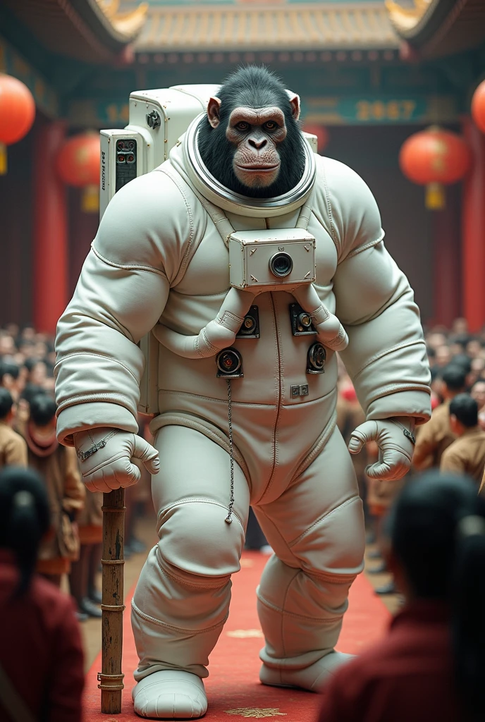 Real big muscle monkey wear white astronaut suit .a highly detailed ape wearing a white spacesuit. Holding a bamboo stick. All people shocked, extremely detailed and realistic, photorealistic, cinematic lighting, beautiful intricate background with Chinese emperor palace, stunning vibrant colors, dynamic composition, award winning photograph, 8k, ultra detailed