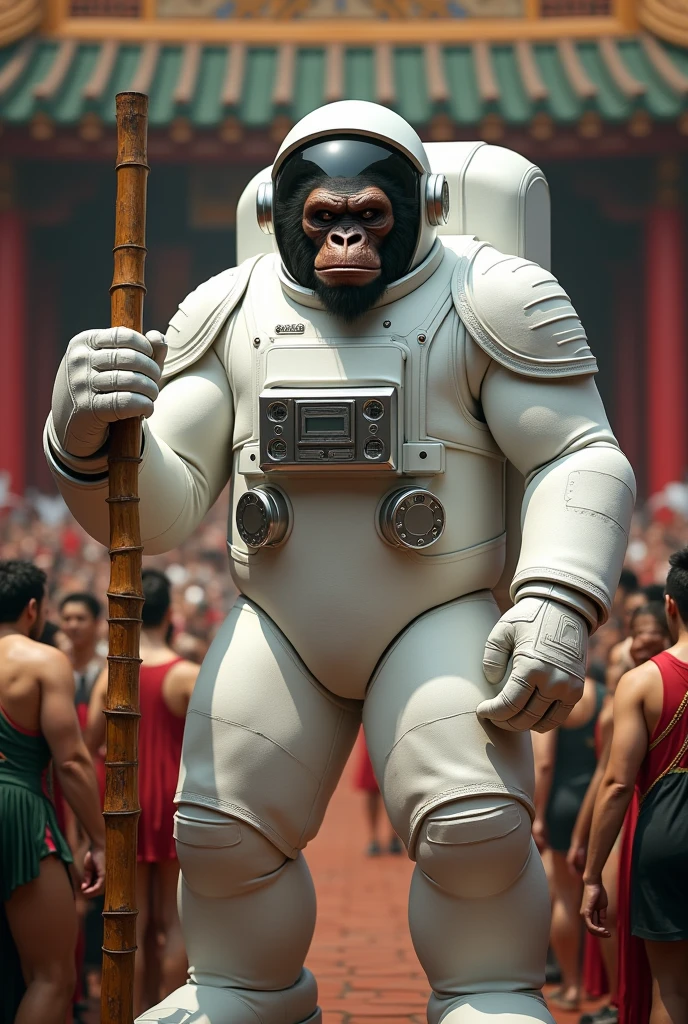 Real big muscle monkey wear white astronaut suit .a highly detailed ape wearing a white spacesuit. Holding a bamboo stick. All people shocked, extremely detailed and realistic, photorealistic, cinematic lighting, beautiful intricate background with Chinese emperor palace, stunning vibrant colors, dynamic composition, award winning photograph, 8k, ultra detailed