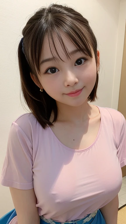 Adorable, 2, Japanese, Capture the light, upper_body, Colorful blouses,Scrunchie, ,Earrings, RAW Photos, Highest quality, (Photorealistic), Suggestive,(smile:1)