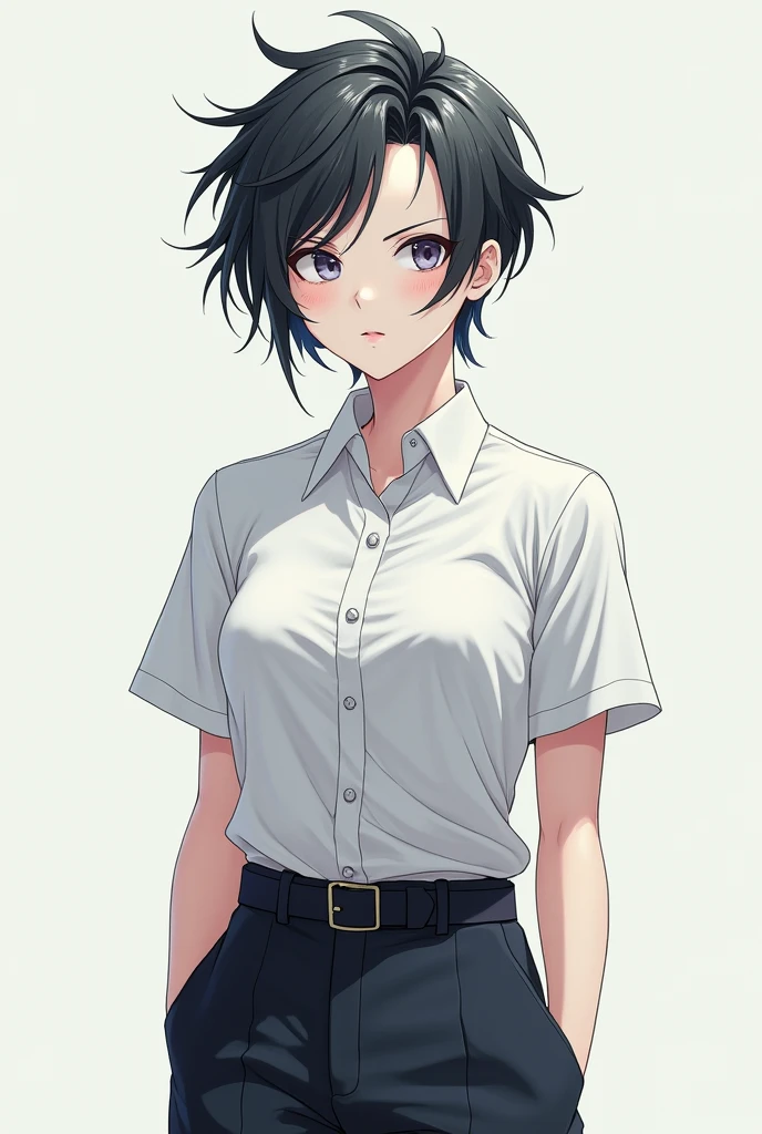 Generate a girl but she is a tomboy and short hair and wear corporate uniform and white face anime