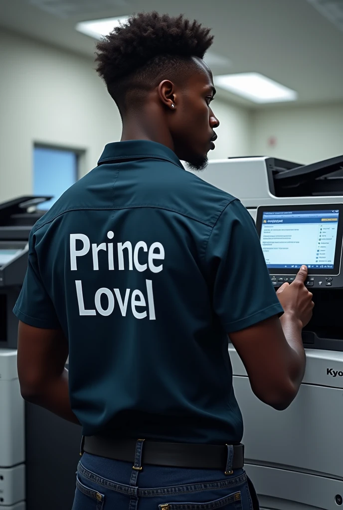 Black boyservice's Kyocera printer his shirt behind written prince lovel