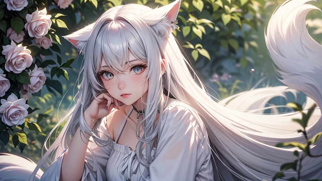 there is a woman,wearing white clothes,A red rose in the hair, anime role play, anime girl role play, role play photo, Anime style mixed with Fujifilm, role play, White-haired god, a beautiful fox woman, role player, white cat girl, silver hair girl, Nekomimi, real life anime girls, ayaka role play, Baiji haircut hairstyle