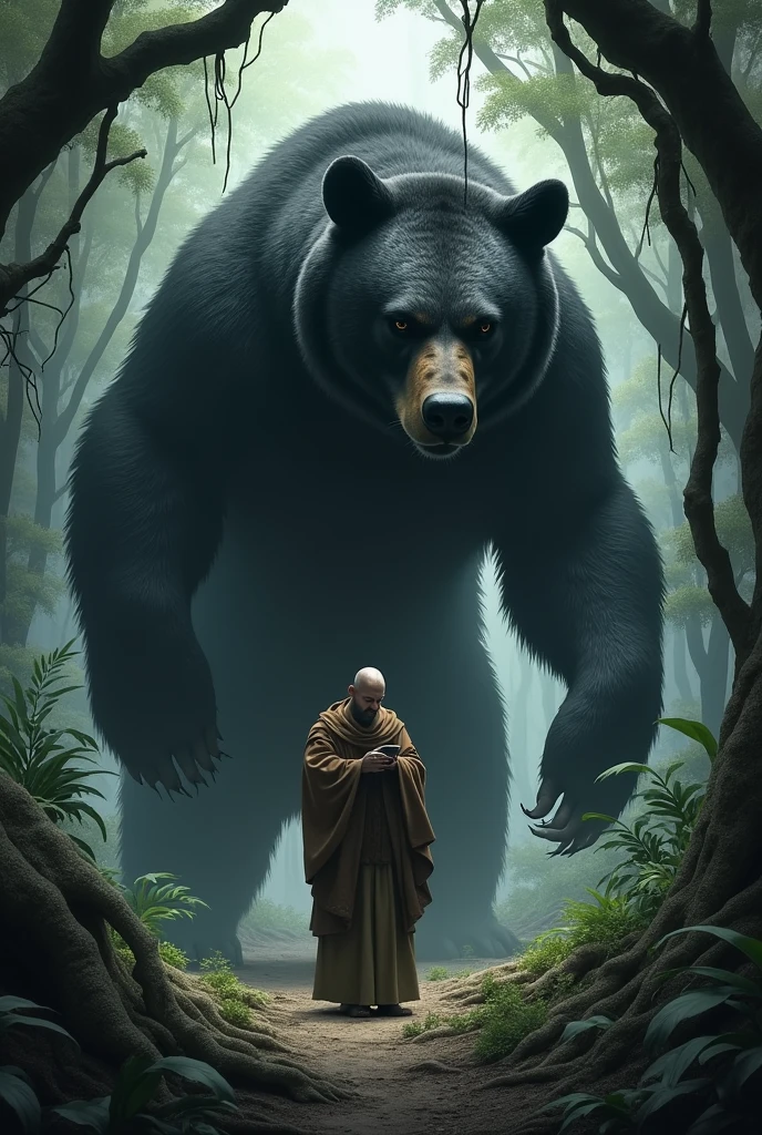 Create image of a black bear behind the a monk  black bear is very big ( horror jungle) monk looking at screen 