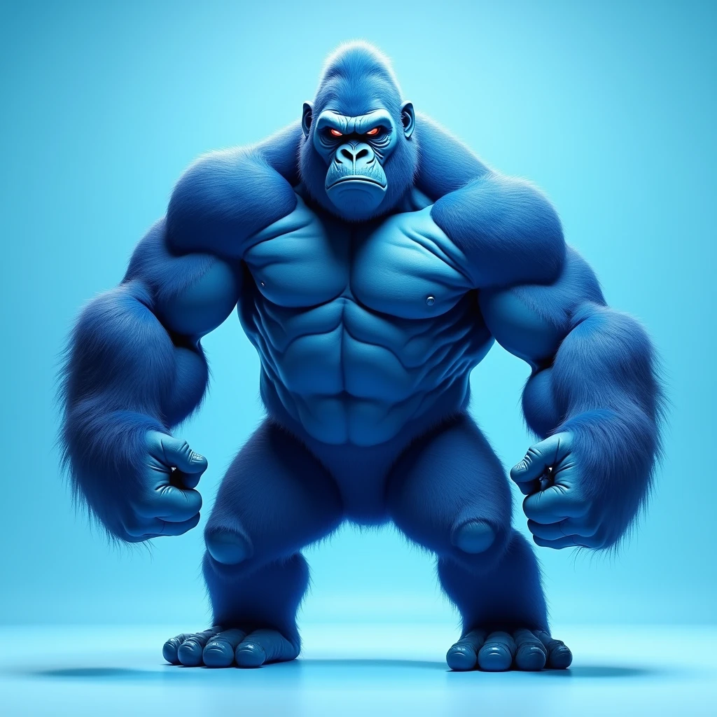like blue gorilla, light blue background, noble, standing, angry, sideways, hairless, human