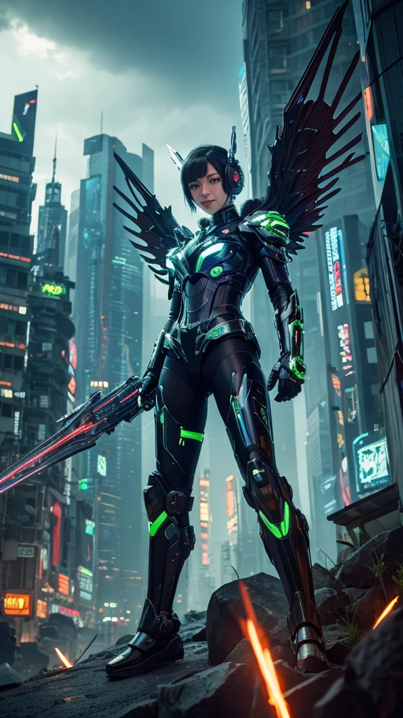 masterpiece,(Highest quality),Very detailed,Very detailed,One person,(Mechanicalwing:Moneyen,Glowing Eyes:green,Moneyenrarmor:1.2,Long, thin ears:0.8),(Cyberpunk City:1.5,arms:Energy Blade),(Fantasy Landscape:1.2,Natural light:1.5,Confident expression),(Panorama:1.2),Mecha, smile,angle,Angels, wing,Money,born,close