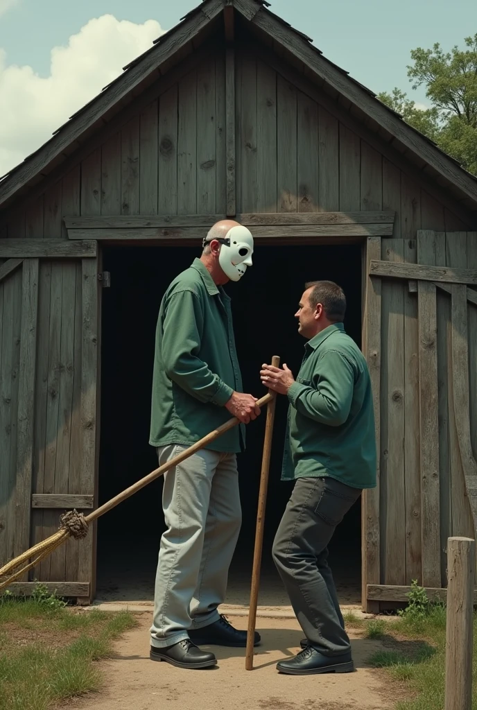 Full view of a typical American wooden barn with a 1 year old bald man.90 tall man in the entrance wearing a white hockey mask with some holes in the cheeks, green long sleeve shirt, light grey cloth pants and black shoes, And in his hands he carries a corn pitchfork while he attacks another man a little shorter.