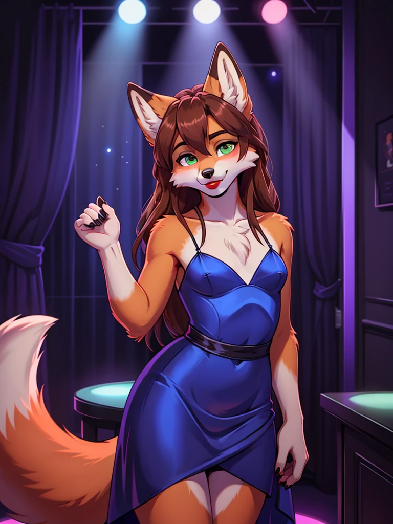 Best quality, furry male fox with green eyes, with brown long hair, with black spout, with red lipstick on lips, big lips, in a blue dress, crossdressing, shy, bare chest, flirts, sexy pose, portrait, against the backdrop of an empty nightclub