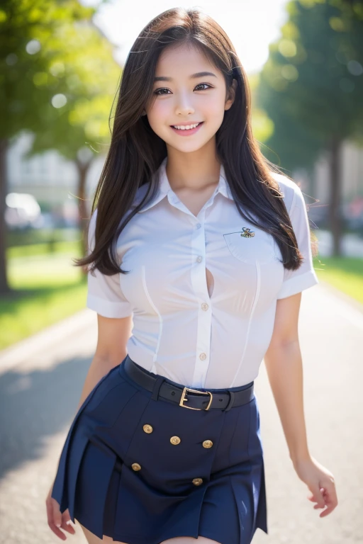 a youthful and beautiful girl, ((childlike facial features)), anatomically cute face, shapely thighs, smiling, compensating, , extremely detailed face, blurred background, skin-tight clothing, deep depth of field, slim waist, school uniform, 8K, best quality, masterpiece