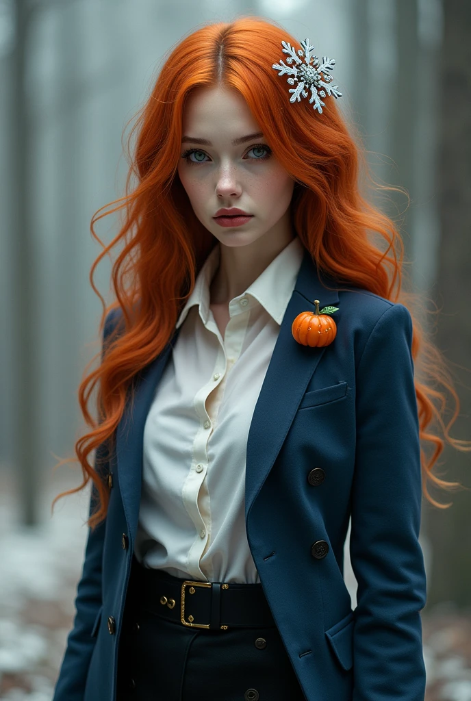 A tall, thin woman with very pale skin, she was wearing a black skirt with a white blouse and a blue jacket with a pumpkin brooch that matched her wavy red hair with a snowflake accessory on top