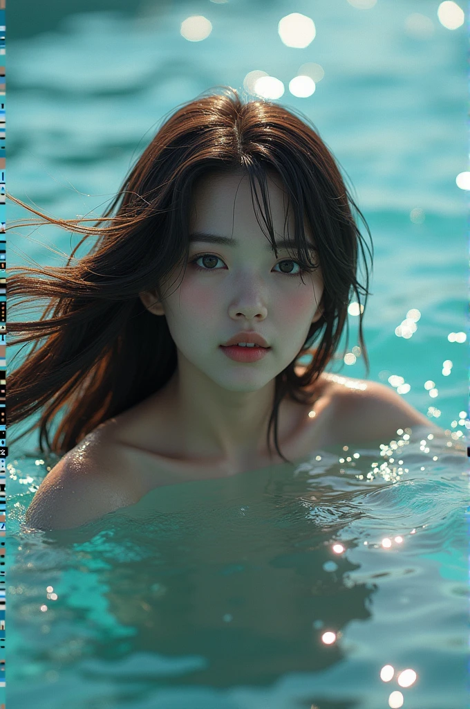 High resolution of a brown-haired Japanese woman swimming in the ocean with a shy smile inviting you to swim with her, masterpiece, Anatomically correct, Highest quality, High detail, Textured skin, Ultra-detailed, Cinematography,