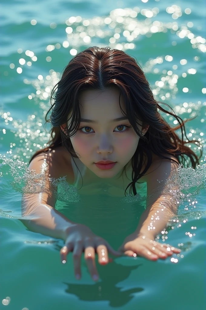 A brown-haired Japanese woman swimming in the sea with her face soaked, inviting you to join her with a shy smile, in high resolution, masterpiece, Anatomically correct, Highest quality, High detail, Textured skin, Ultra-detailed, Cinematography, 