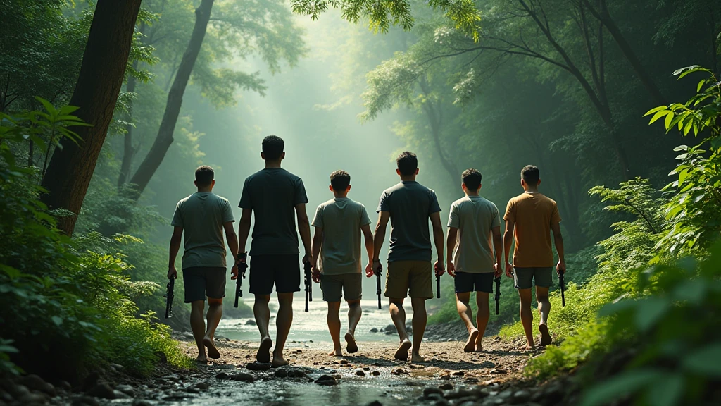 Five Thai men walking in the forest nearby the small river and on their hand is holding  guns looking from behind 8k  