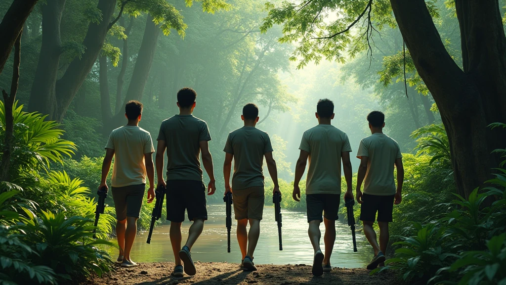 Five Thai men walking in the forest nearby the small river and on their hand is holding guns looking from behind 8k