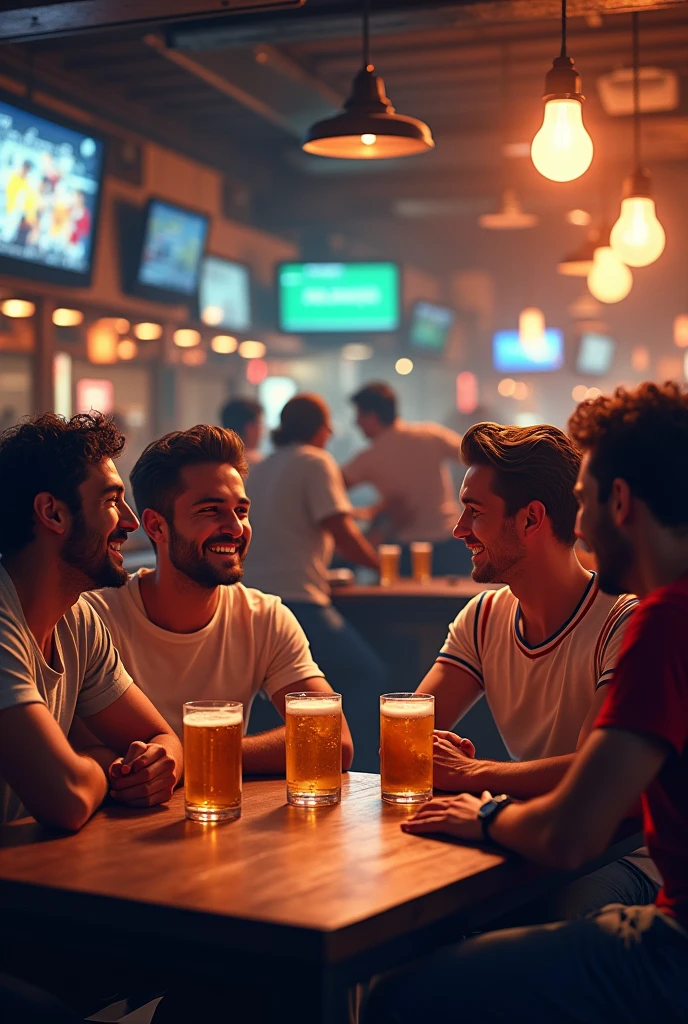 A group of friends having fun around a table at a sports bar while drinking beer behind them 2 men are fighting