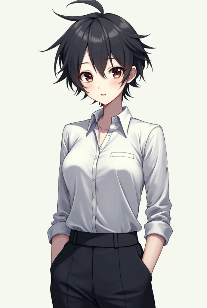 Generate a girl but she is a tomboy and short hair and wear corporate uniform and white face anime
