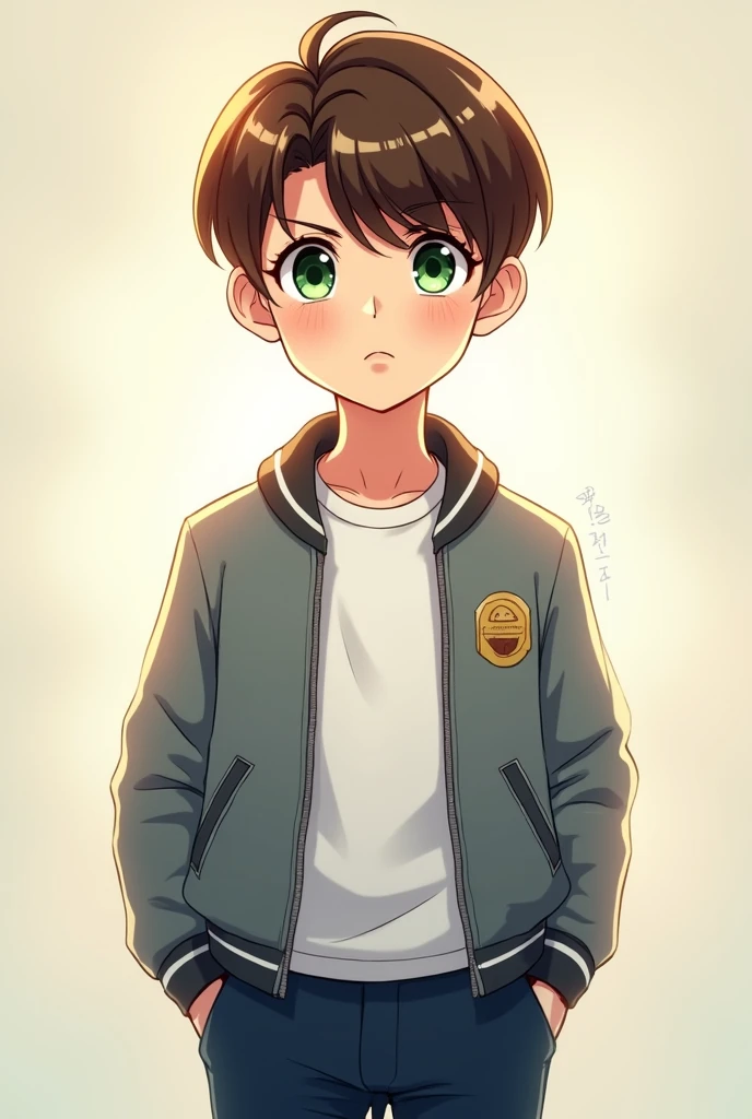 A 5-year-old anime fit rather tall boy with shiny green eyes and brown hair, a rather selfish face, dark blue pants and a bright gray jacket with a white t-shirt beneath. his face shining in light . rich boy