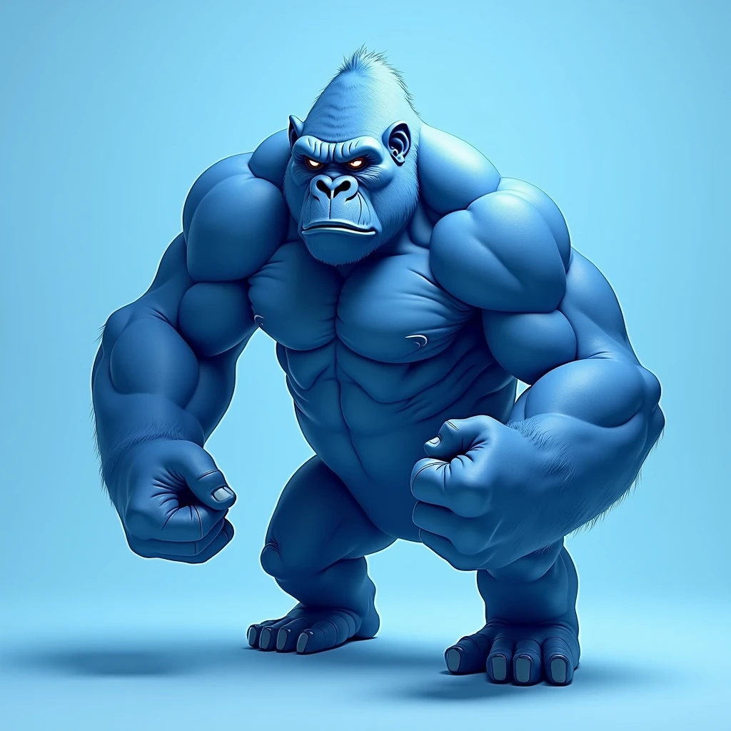 like blue gorilla, light blue background, noble, standing, angry, sideways, hairless, human