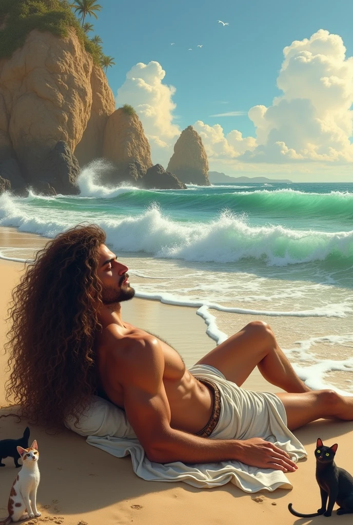 Beautiful male long curly hair relaxing beach high waves rocks cats