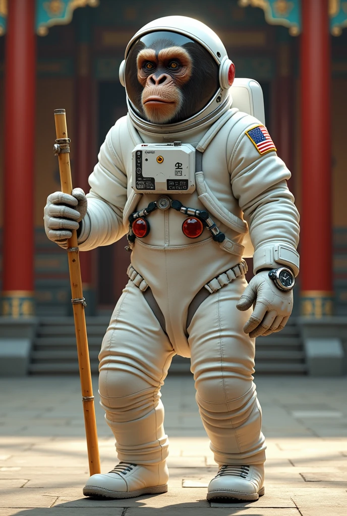 Real monkey wear white astronaut suit .a highly detailed ape wearing a white spacesuit. Holding a bamboo stick.. white hologram watch.All people shocked, extremely detailed and realistic, photorealistic, cinematic lighting, beautiful intricate background with Chinese emperor palace, stunning vibrant colors, dynamic composition, award winning photograph, 8k, ultra detailed