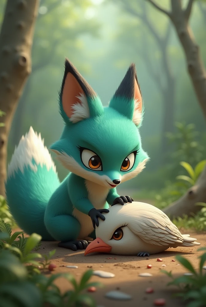 A little Tiffany green fox,About to hunt a big bird,Big bird on the ground,In front of the fox,The fox is in a state of overestimating his own abilities,Cute realistic style