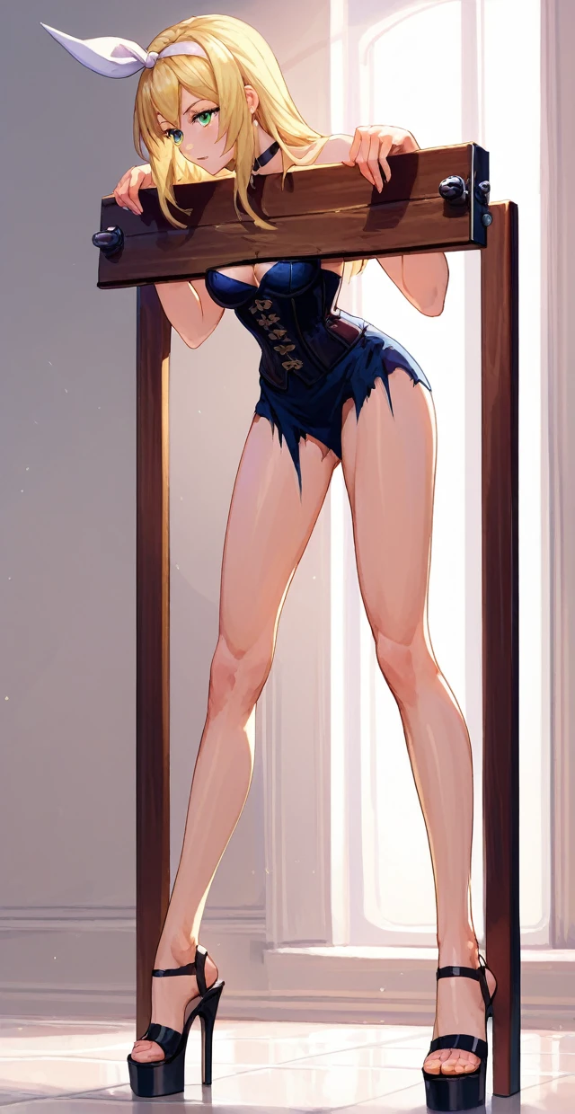 1girl, FF8RINOA, torn black corset strapless, medium Breasts hanging, white hairband, black choker, long legs, spread legs, black platform high heels sandals, black miniskirt sexy, pillory, bend over, tiptoes, tiptoes in heels, standing tiptoes, stockade, side shot, full body shot, Bathroom background.