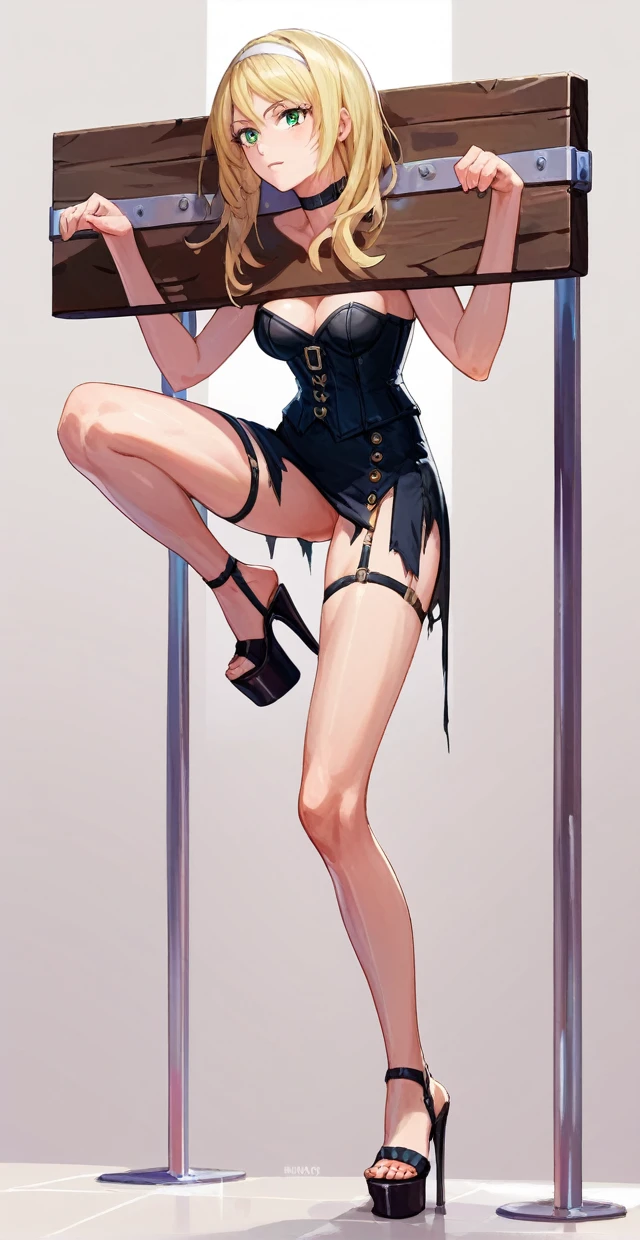  1girl, FF8RINOA, torn black corset strapless,  medium Breasts hanging, white hairband, black choker, long legs, spread legs,  black platform high heels sandals,  black miniskirt sexy, pillory, bend over, tiptoes, tiptoes in heels, standing tiptoes, stockade, side shot, full body shot,  Bathroom background. 