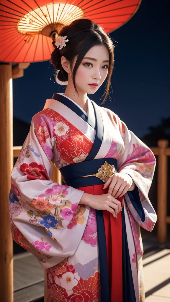 In a futuristic scene, Mechanically Enhanced Japanese Geisha、The elegance of elaborate gardens. She has beautiful delicate eyes and lips that complement her face. Geisha wear traditional kimonos with intricate patterns and designs. Around her are bright 桜,shrine,night,The scene is a mix of illustration and photorealism., Extremely detailed and clear brushwork, Vibrant colors. The lighting accentuates the geisha's elegant features, Gives porcelain skin a soft glow. The artwork is of the highest quality, 4K or 8K resolution, Showcasing the intricate details of geisha costumes, Cherry tree, And the glittering scales of the carp. The overall color scheme is、A combination of traditional Japanese colors, crimson, wait., , Subtle gold accents, With a futuristic twist. The fusion of ancient traditions and modern technology、Create compelling and visually striking masterpieces.Shoulders are exposed, 胸がappear、I can see the valley、appear、Exposed shoulders 1 person,