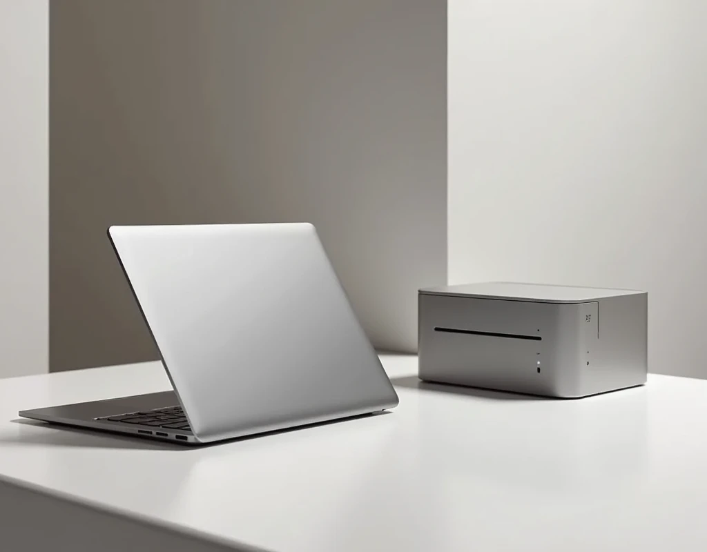 Sleek Silver Productivity Suite: Modern, minimalist laptop and printer in metallic silver with clean lines and a touch of sophistication.