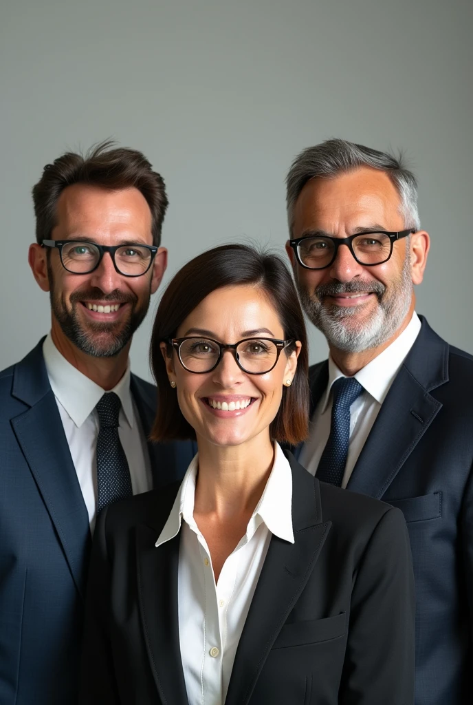 Photo of one short-haired woman with glasses. And two men with glasses.