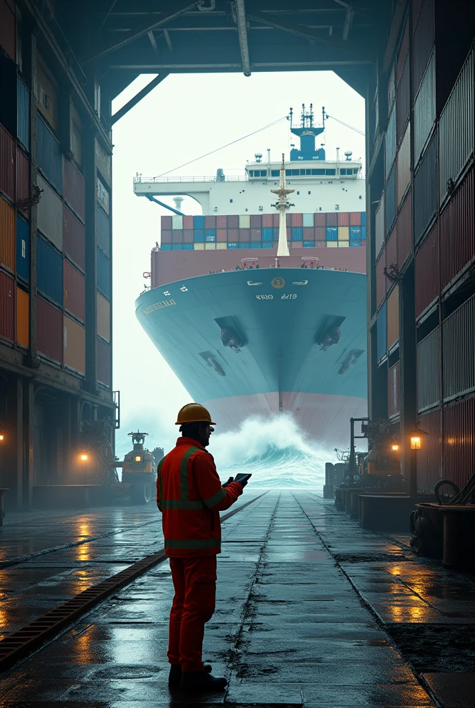A worker, in the hold of a container ship, wearing safety equipment, holding a handheld, looking at locomotive unloading, jib crane equipment, high waves, high realistic photo, high detail
