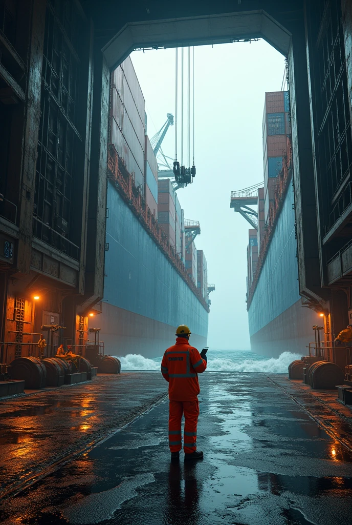 A worker, in the hold of a container ship, wearing safety equipment, holding a handheld, looking at locomotive unloading, jib crane equipment, high waves, high realistic photo, high detail
