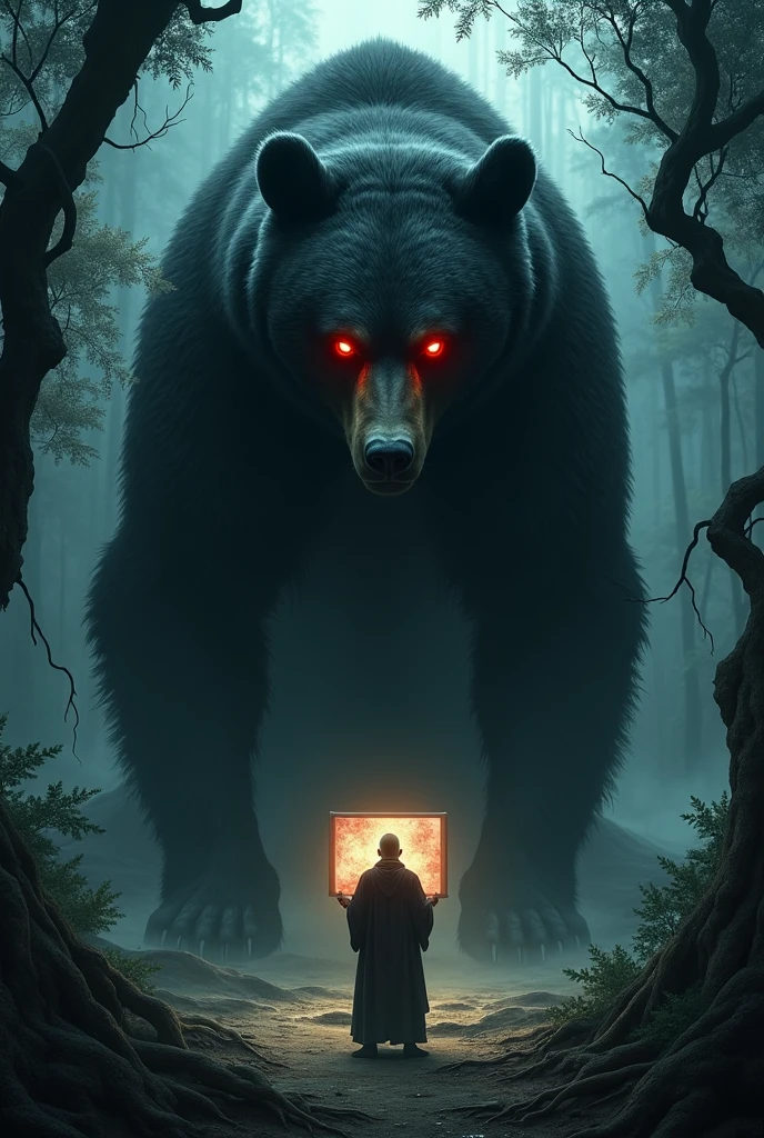 Create image of a black bear behind the a monk black bear is very big ( horror jungle) monk looking at screen (black bear red eye horror night environment)