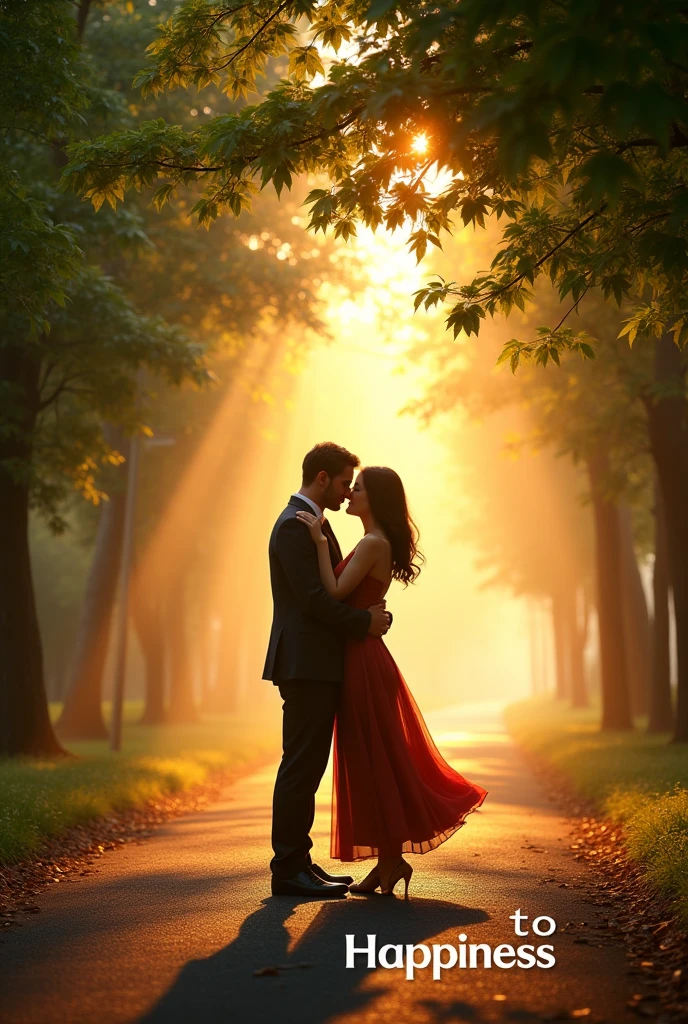 The words "TO HAPPINESS" written in large letters at the bottom of the screen, ((masterpiece, highest quality, Highest image quality, High resolution, photorealistic, Raw photo, 8K)), ((Extremely detailed CG unified 8k wallpaper)), The back view of a man and woman kissing each other , on a tree-lined street with sunlight filtering through the trees, the last scene of a romantic movie, green leaves and white light, a walkway in the morning mist,