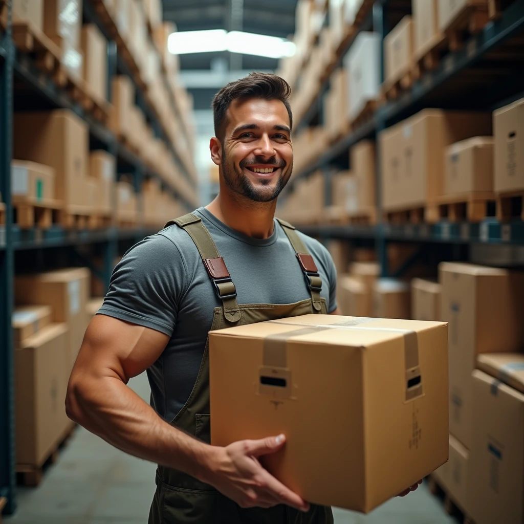 a man(lifting big boxes with hands),in warehouse, (looking at the cameraman, gentle smile, glowing eyes, sparkling eyes, smile, light smile, Wide-Angle, Fujifilm, Wide-Angle, Fujifilm, masterpiece, accurate, super detail, high details, high quality, best quality, highres, HD, 4K, masterpiece, accurate,, super detail, high details, high quality, best quality, highres, HD, 4K