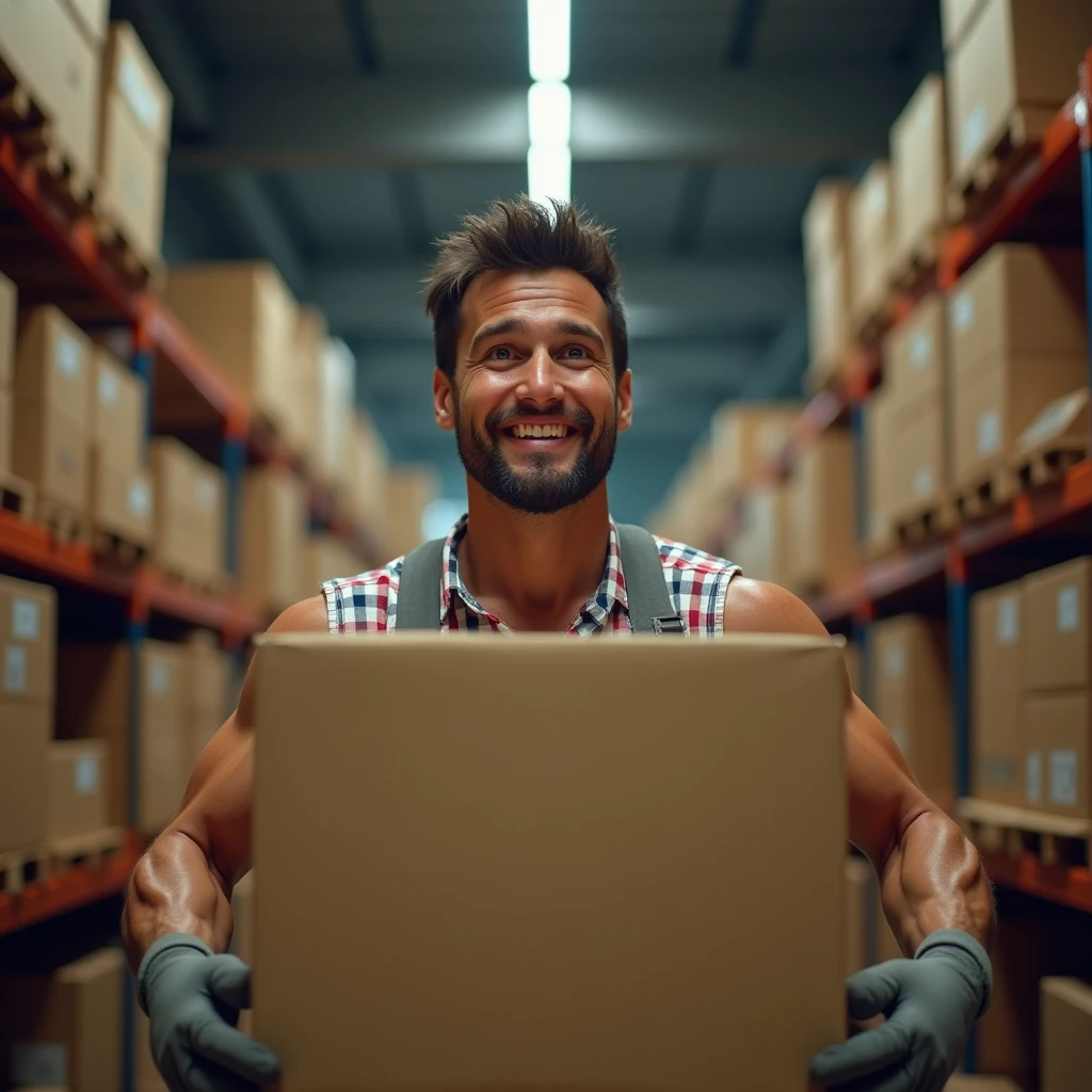 a man(lifting big boxes with hands),in warehouse, (looking at the cameraman, gentle smile, glowing eyes, sparkling eyes, smile, light smile, Wide-Angle, Fujifilm, Wide-Angle, Fujifilm, masterpiece, accurate, super detail, high details, high quality, best quality, highres, HD, 4K, masterpiece, accurate,, super detail, high details, high quality, best quality, highres, HD, 4K