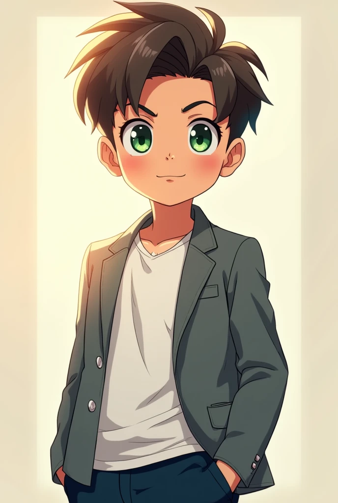 A 5-year-old anime fit rather tall boy with shiny green eyes and brown hair, a rather selfish face, dark blue pants and a bright gray jacket with a white t-shirt beneath. his face shining in light . rich boy