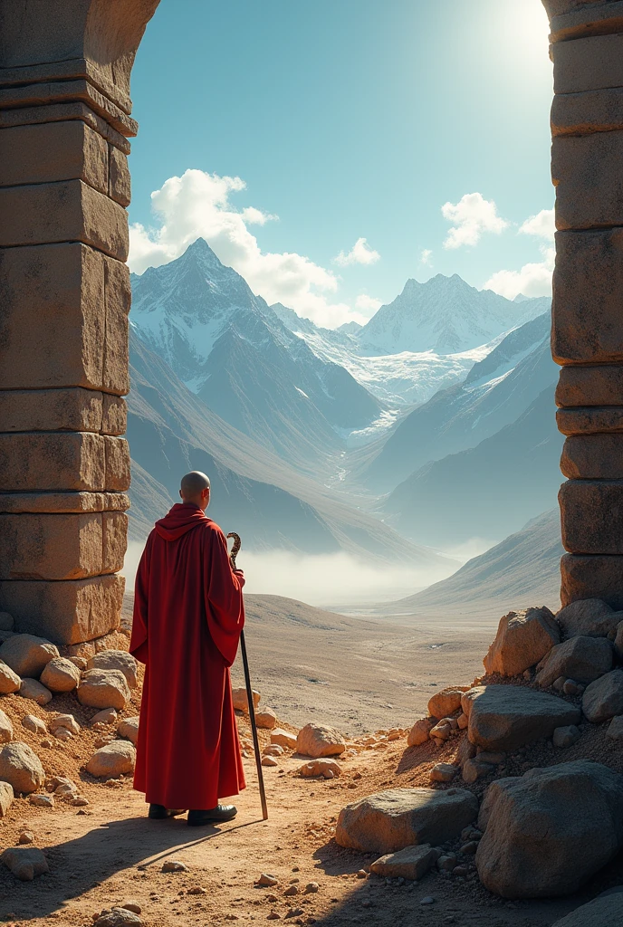 (Photorealism:1.2), An epic blockbuster,The location is the earth forest in Ali area of China,No plants,Only loess and building ruins,The Guge Dynasty once existed on this land, but now only ruins remain.,A monk(Not wearing glasses)In the corner of the earth forest,Wearing a red cassock,Holding a vajra pestle,Strong sunlight,The sky is blue,In the distance are snow-capped mountains