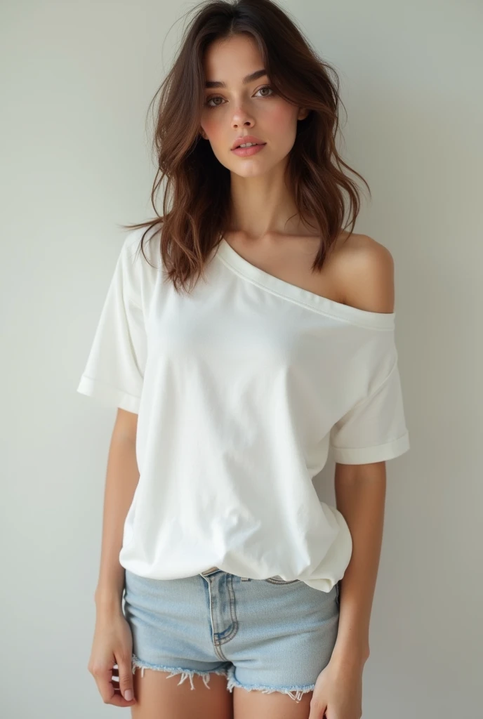 A 20 year old white woman wearing only a tshirt