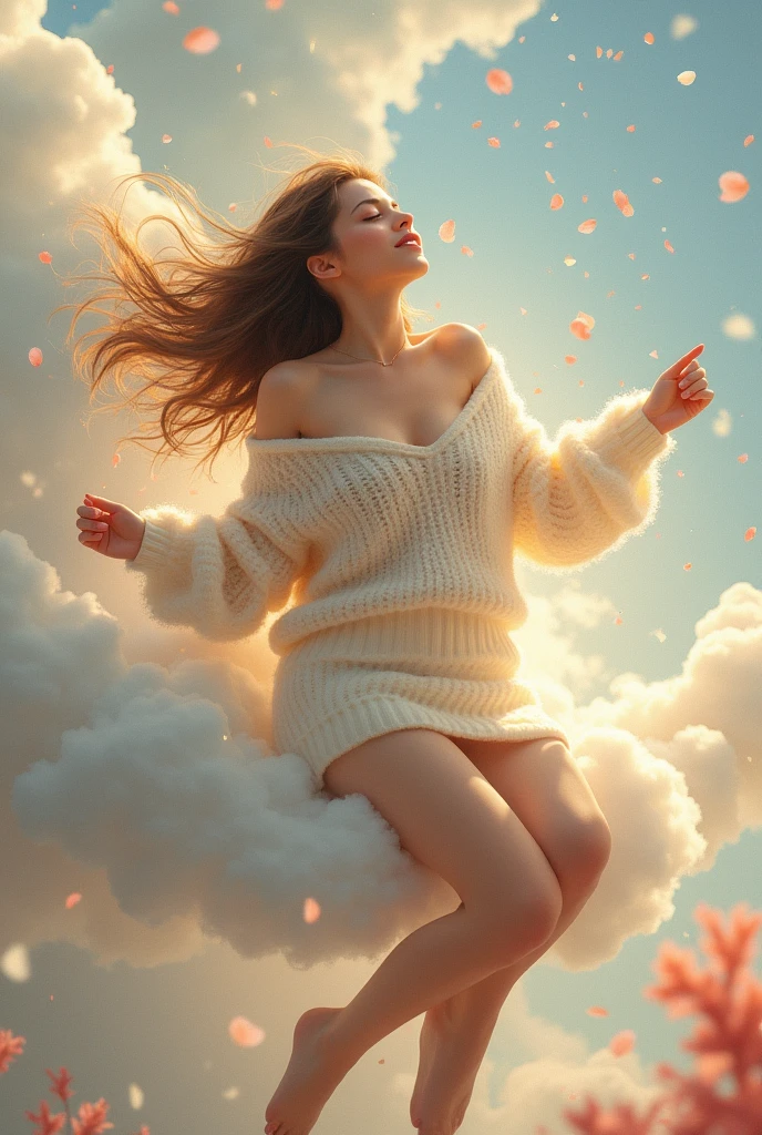 realistic painting style a beautiful woman is floating on cloud, happy mood, golden and silver color tone, flowers, confetti, heaven background, studio light.((best quality)), ((masterpiece)), (detailed), 1girl, off-shoulder sweater,